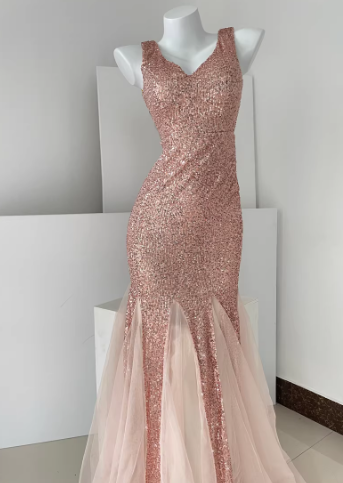 Glitter V Neck Champagne Silver Sequin Tulle Mermaid Long Evening Dress Party Gown D2399