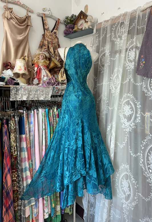 Retro Halter V Neck Peacock Blue Chiffon Print Floral Mermaid Evening Dress Long Party Dress D3211
