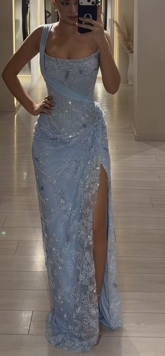 Glamorous Spaghetti Straps Blue Lace Slit Long Evening Dress Birthday Party Dress D4589