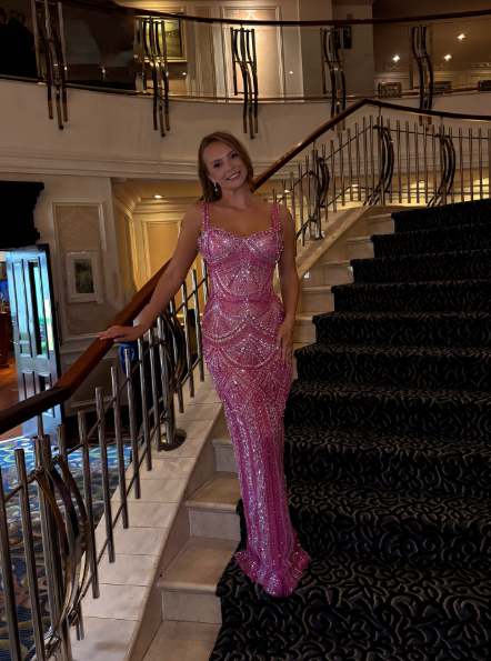 Gorgeous Pink Spaghetti Straps Sequin Beaded Long Evening Dress Formal Party Gown D872