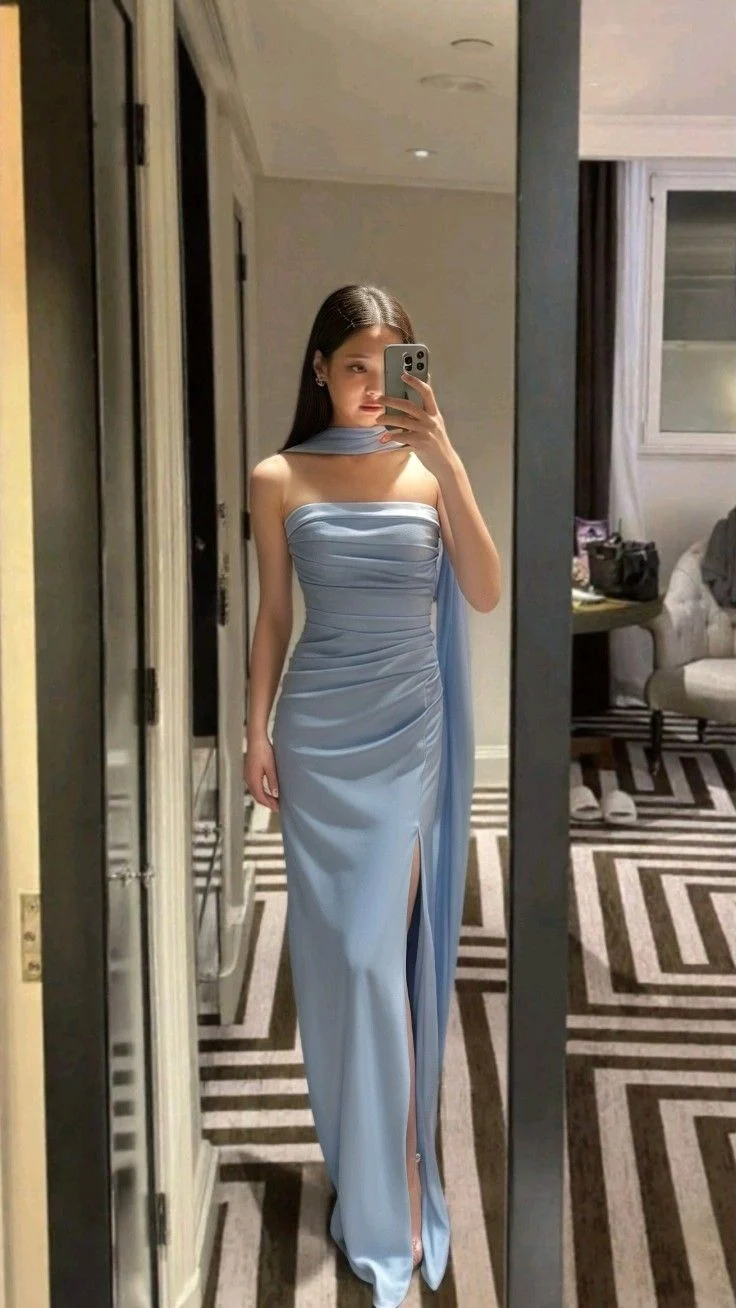 Charming Sheath Light Sky Blue Satin Pleated Slit Long Evening Dress,Strapless Long Wedding Guest Dress D4868