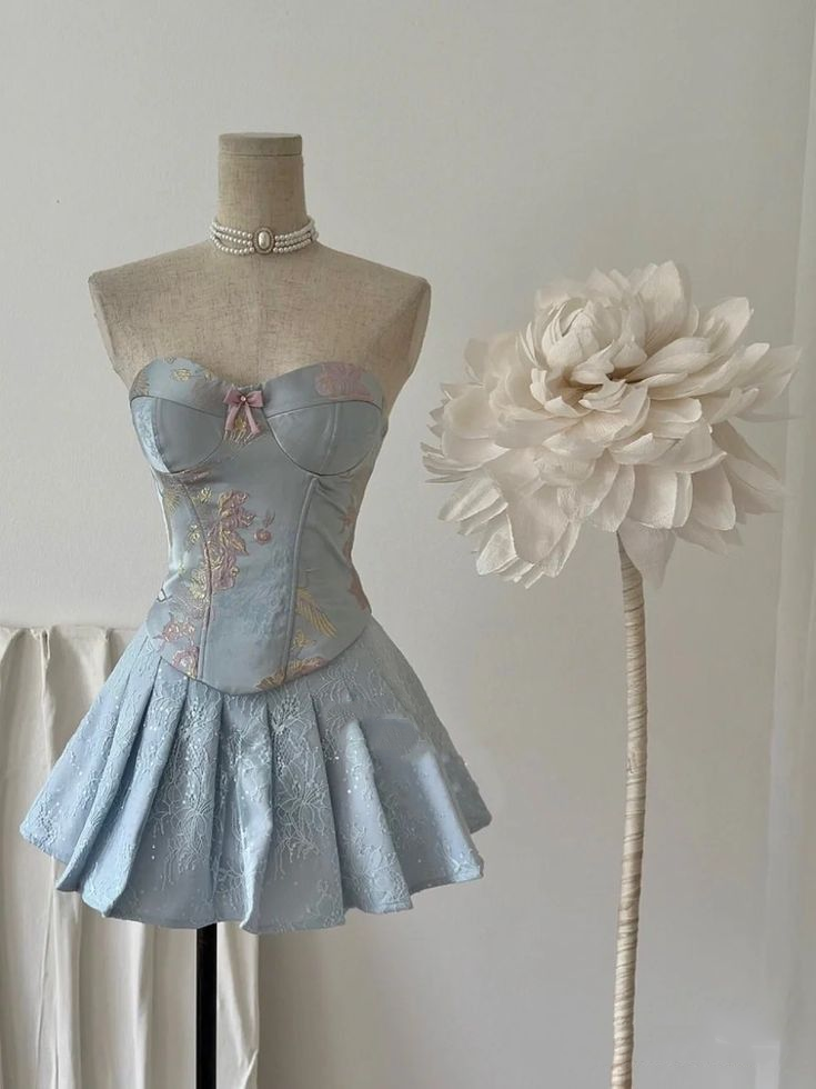 Pretty Strapless Blue Satin Print Floral Lace Birthday Dress A Line Short Vacation Dress S836