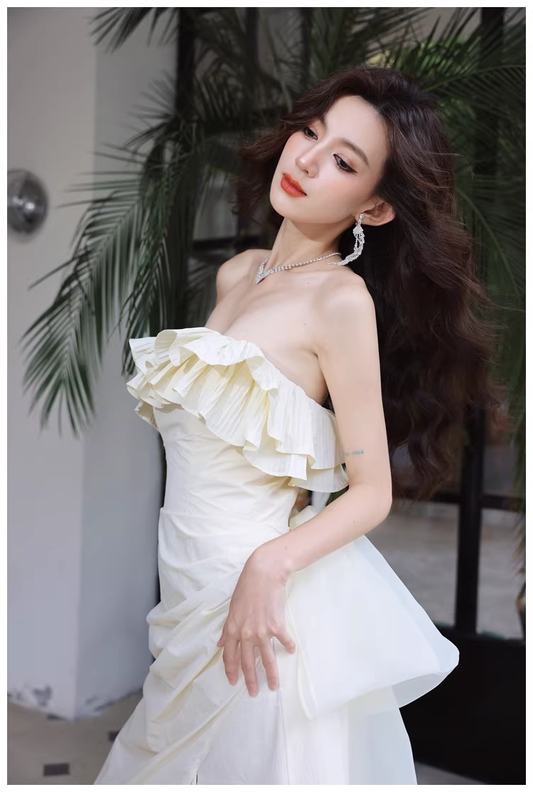 Elegant Beige Strapless Satin Pleated Mermaid Slit Long Evening Dress Birthday Party Dress With Bow D2418