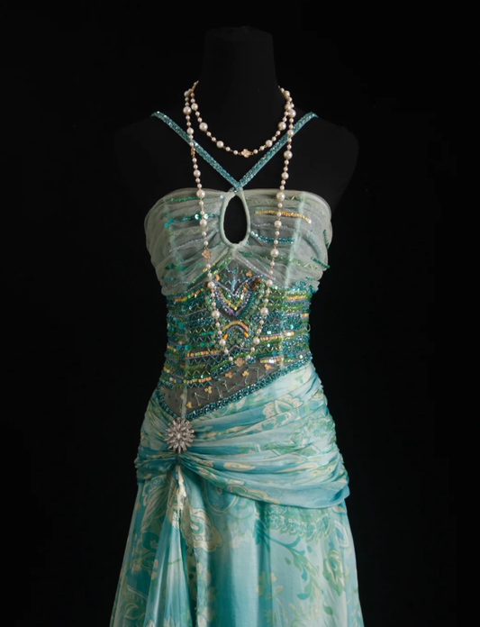 Classy Mint Green Chiffon Print Floral Beaded Mermaid Long Party Dress Formal Birthday Evening Gown D2010