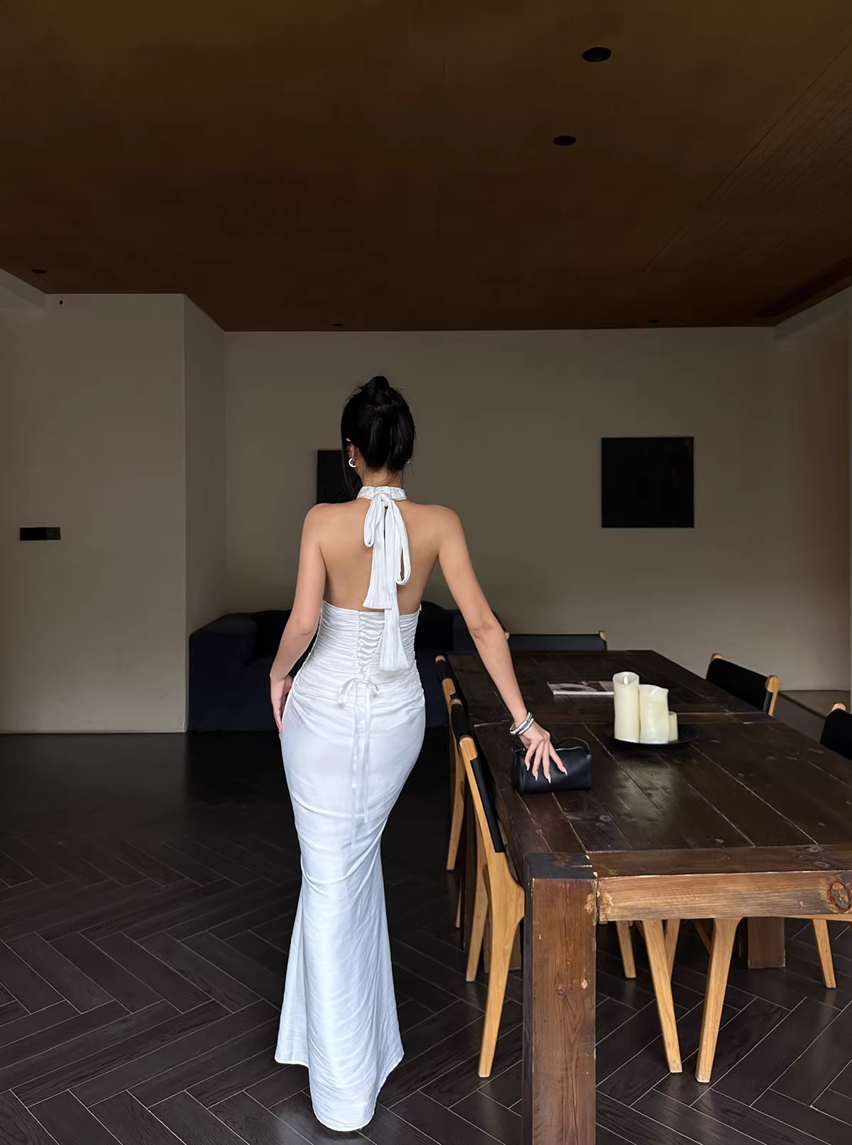 Sexy Halter White Satin Pleated Mermaid Long Wedding Guest Dress Birthday Prom Dress Evening Gown D2130