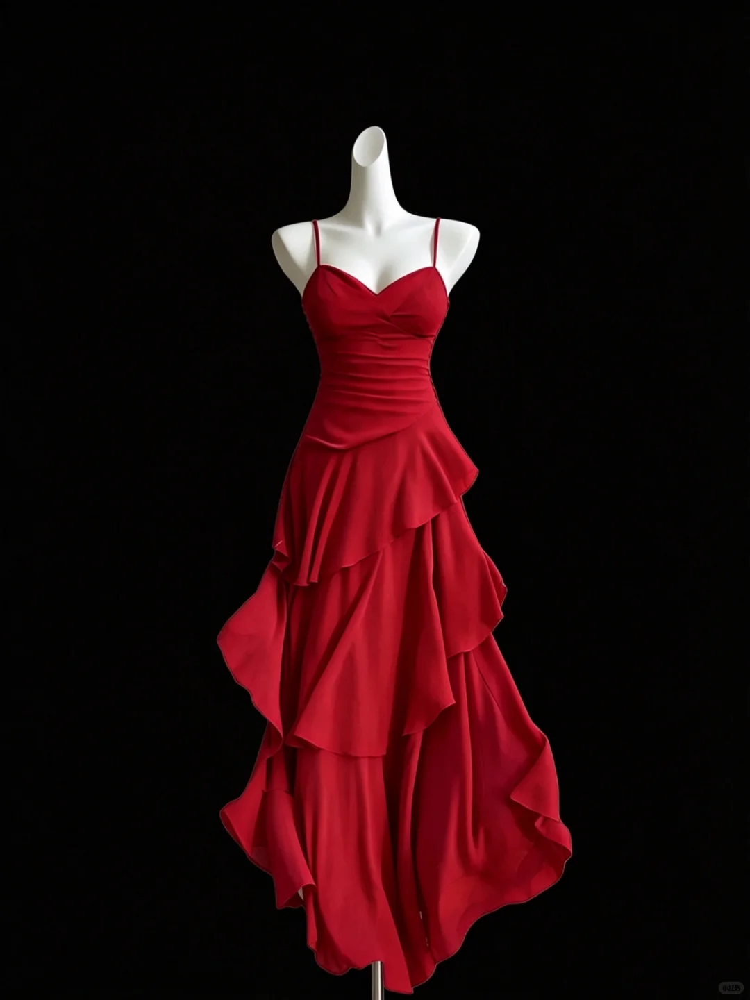 Elegant Spaghetti Straps Satin Ruffle Layered Mermaid Long Wedding Guest Dress,Red Long Party Dress D2789