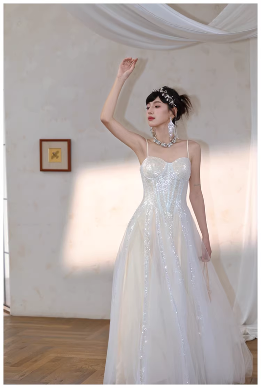 Classy Light Apricot Spaghetti Straps Tulle Sequin A Line Long Party Dress Evening Dress D2409