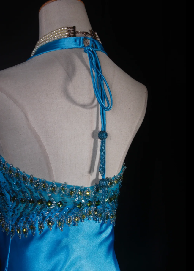 Elegant Halter V Neck Satin Beaded Prom Dress Blue Mermaid Slit Long Party Gowns D2241