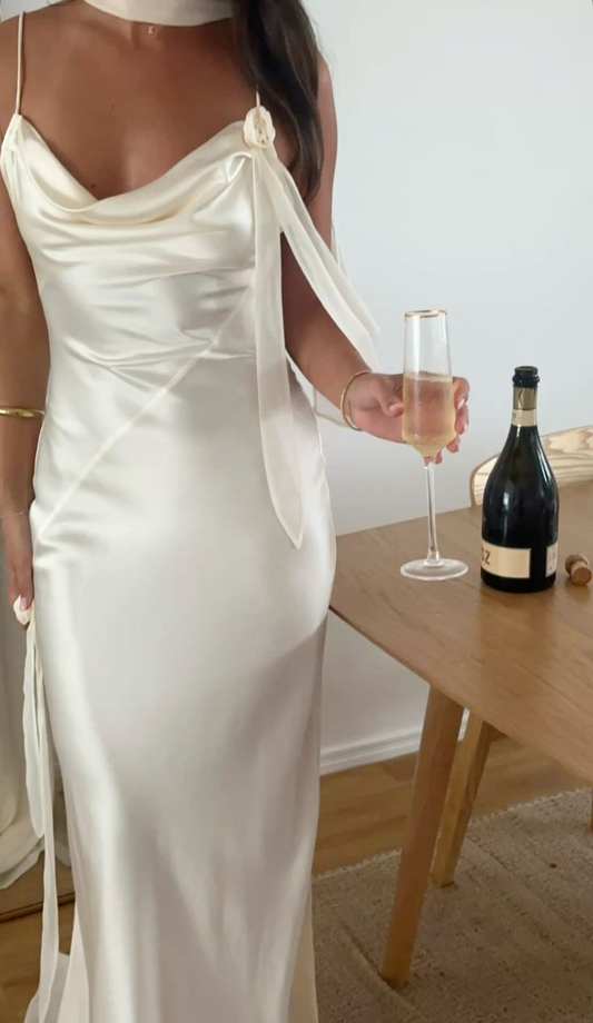 Elegant Spaghetti Straps Ivory Satin Mermaid Long Wedding Guest Dress,Formal Birthday Party Dress D3437