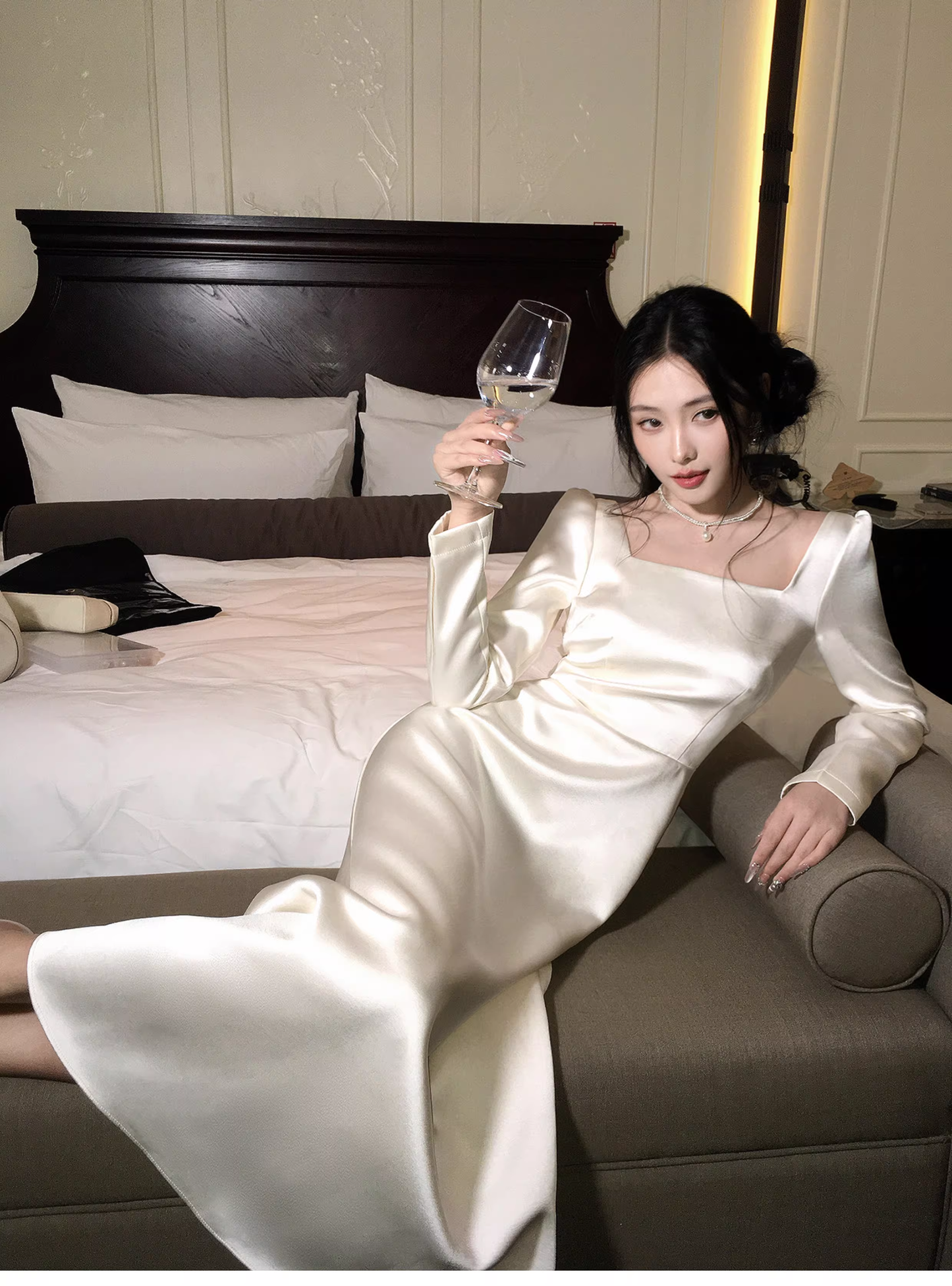 Elegant Square White Satin A Line Long Party Dress Evening Dress D2179