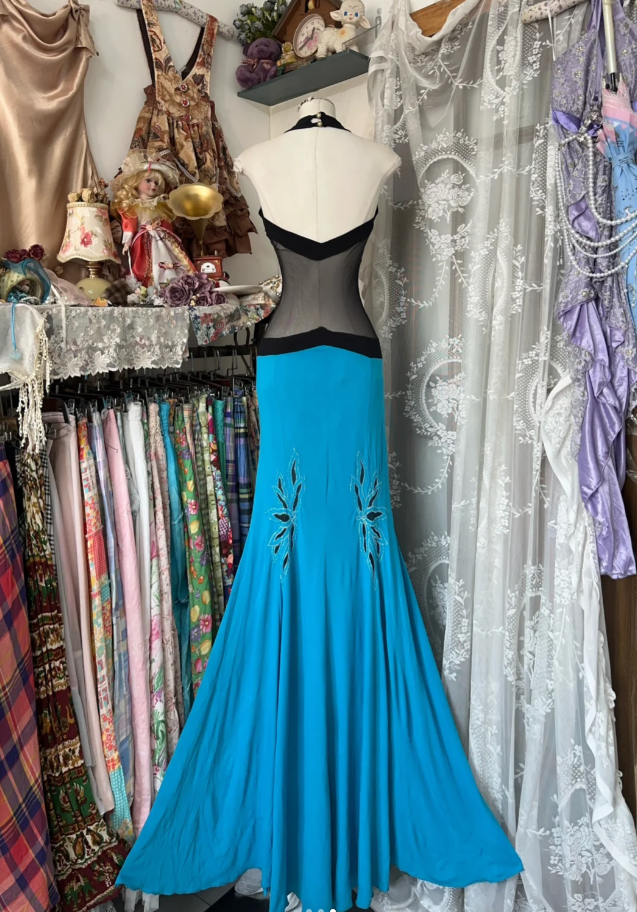 Vintage Halter Blue Satin Beaded Mermaid Prom Dress Long Evening Dress D1616