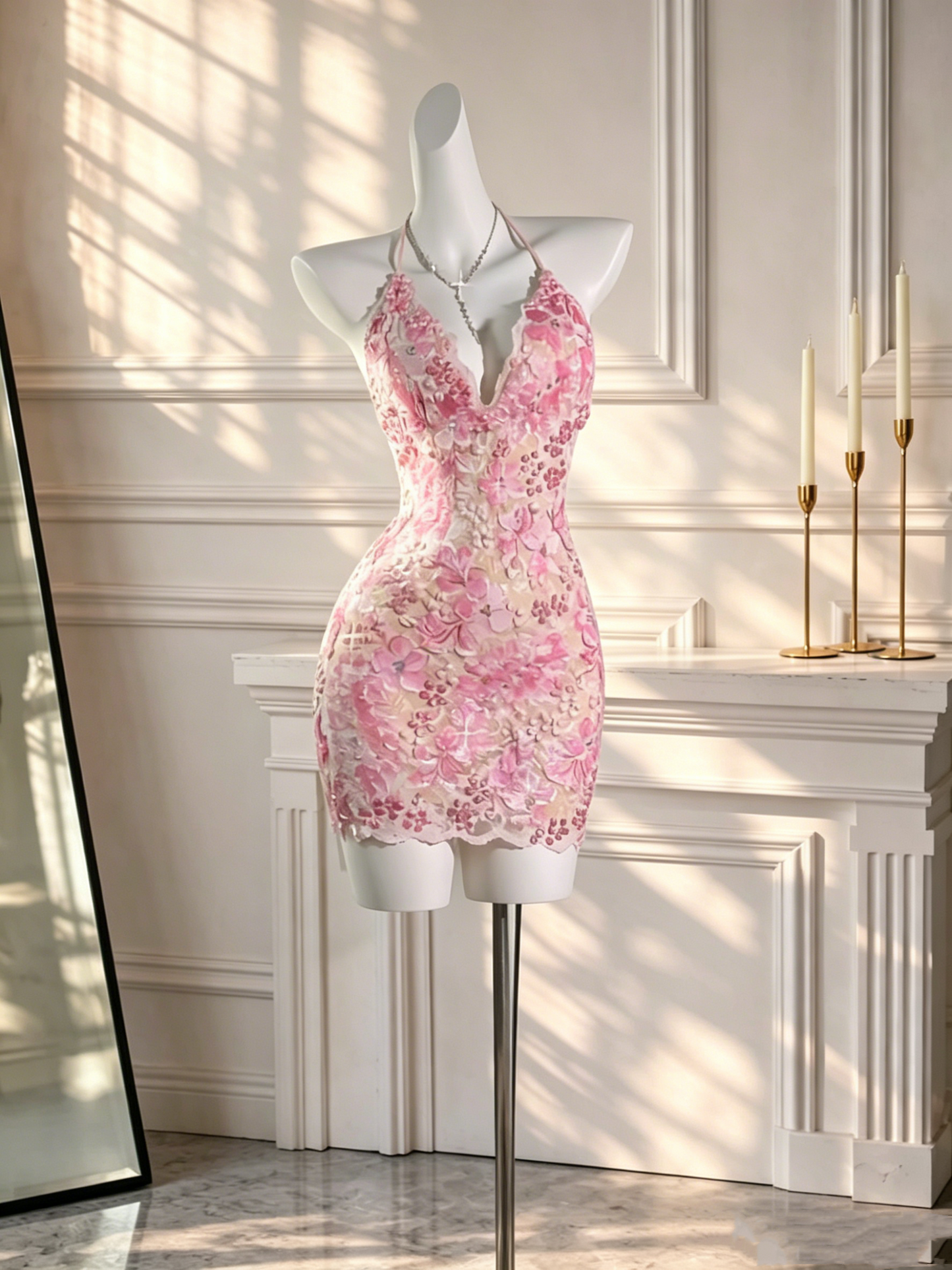 Chic Halter V Neck Sheath Short Cocktail Dress Pink Lace Homecoming Dress Birthday Outfits D2542