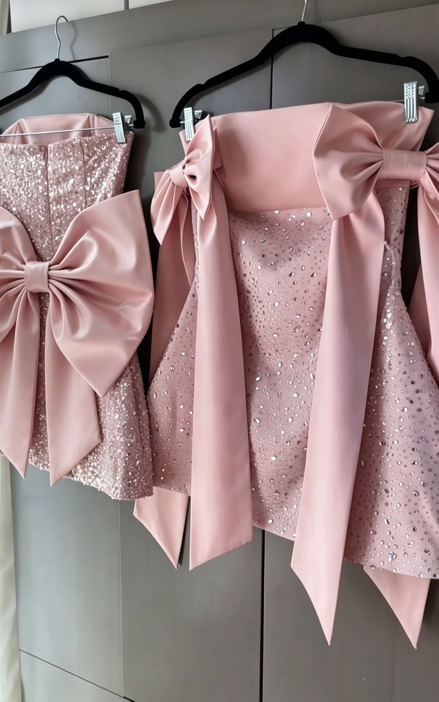 Elegant Pink Satin Beaded Sheath Short 6th Grade Homecoming Dress,Bow Strapless Mini Prom Dress D3946