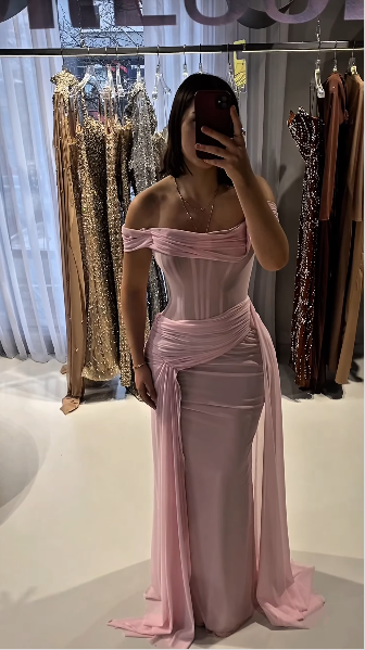 Sexy Off The Shoulder Chiffon Party Dress Pink Mermaid Long Evening Dress D5248