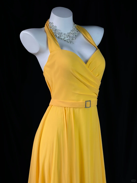 Cute Yellow Halter Chiffon Beaded A Line Long Evening Dress Formal Evening Dress D2510