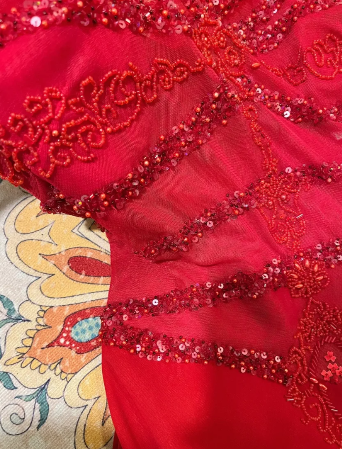 Charming Spaghetti Straps Red Chiffon Beaded Mermaid Long Party Dress Prom Gown D2131