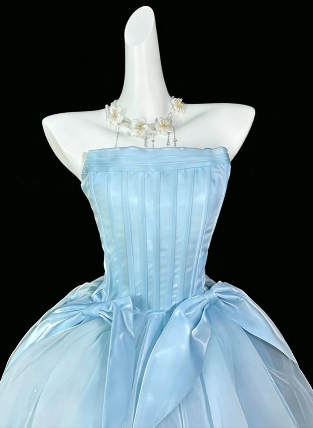 Sweet Blue Tulle Bow A Line Short Homecoming Dress,Strapless Mini Party Dress D4189