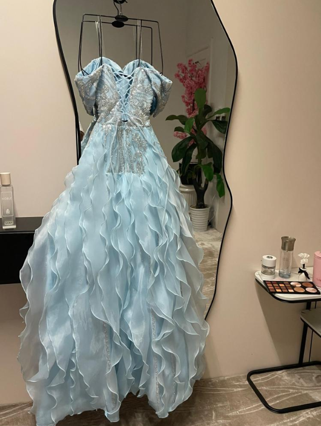 Glamorous Off The Shoulder Blue Satin Sequin Beaded Mermaid Evening Dress Long Prom Gown With Ruffles D1607