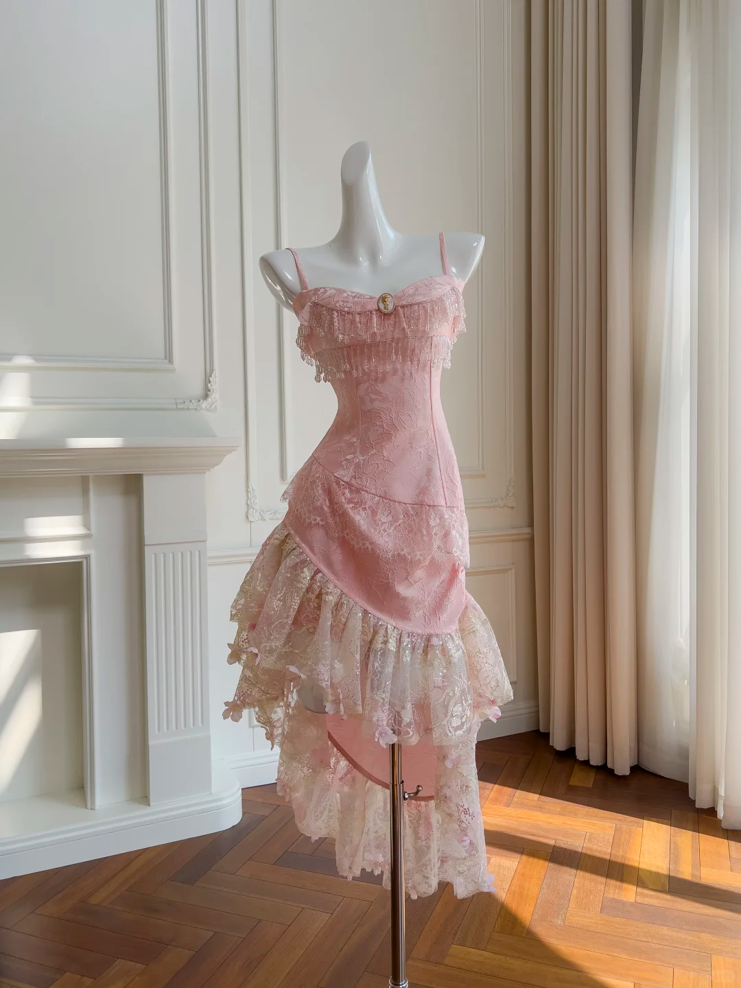 Cute Spaghetti Straps Pink Lace Ruffle Mermaid Long Prom Dress Evening Gown D2944