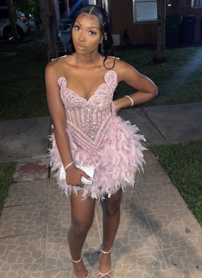 Pretty Halter Pink Sequin Feathers Sheath Cocktail Dress Formal Birthday Dress Homecoming Dress