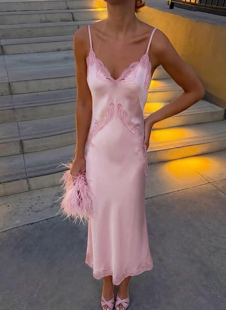Classy Spaghetti Straps V Neck Satin Lace Mermaid Prom Dress,Pink Long Party Gown D3796