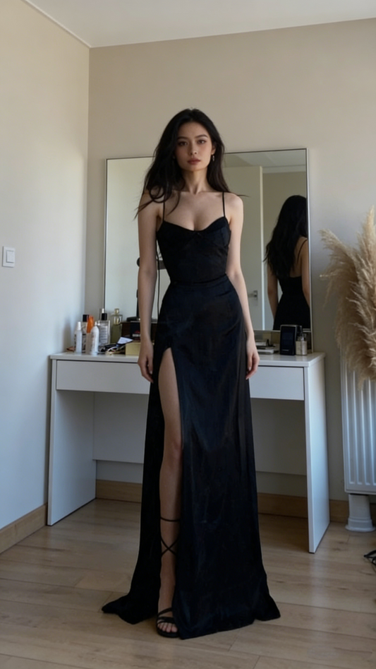 Sexy A Line Spaghetti Straps Black Satin Slit Party Dress Long Prom Dresses SD1516