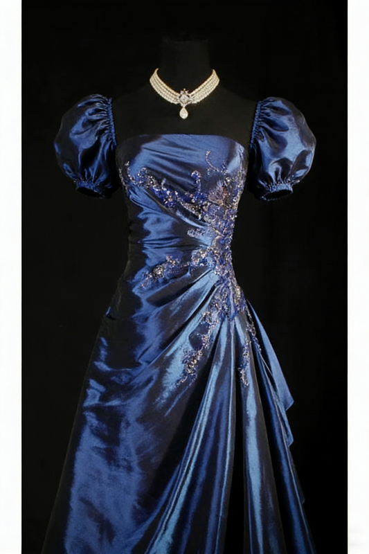 Elegant Navy Blue Satin Beaded Slit Long Prom Dresses Birthday Party Dress D2462