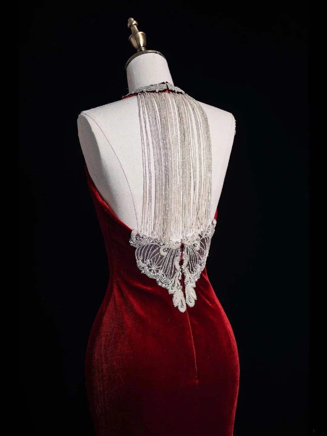 Vintage Halter Burgundy Velvet Mermaid Long Party Dress Birthday Prom Dress With Tassels D4850