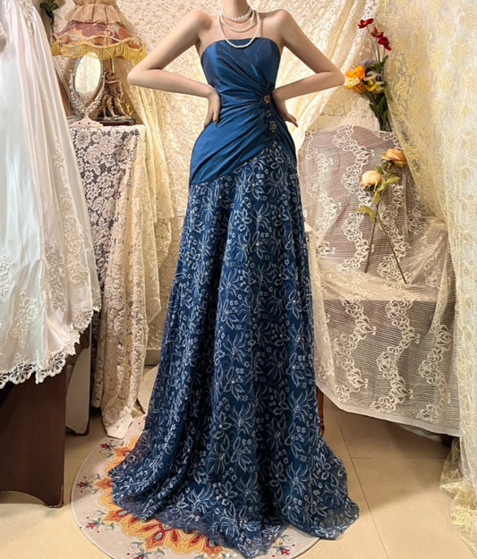 Vintage Navy Blue Strapless Satin Lace Beaded Mermaid Long Evening Dress Birthday Party Gown D21120