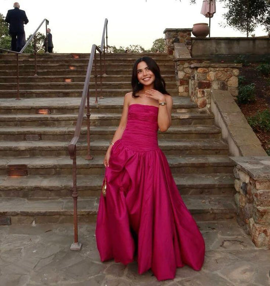 Pretty Strapless Hot Pink Satin Pleated Long Prom Dress Party Gown D3448