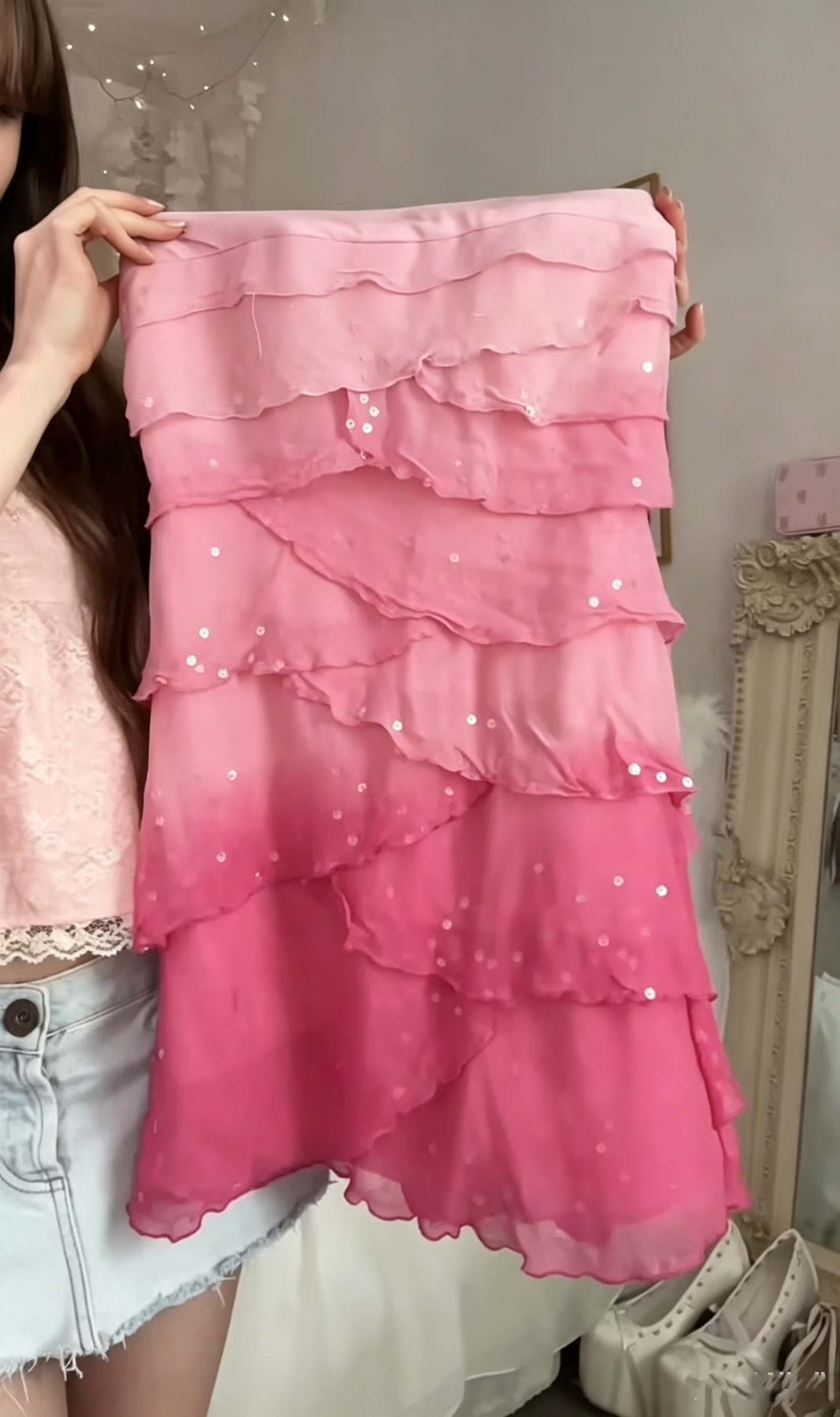 Glamorous Strapless Ombre Pink Chiffon Sequin Short Birthday Dress Homecoming Dress D3781