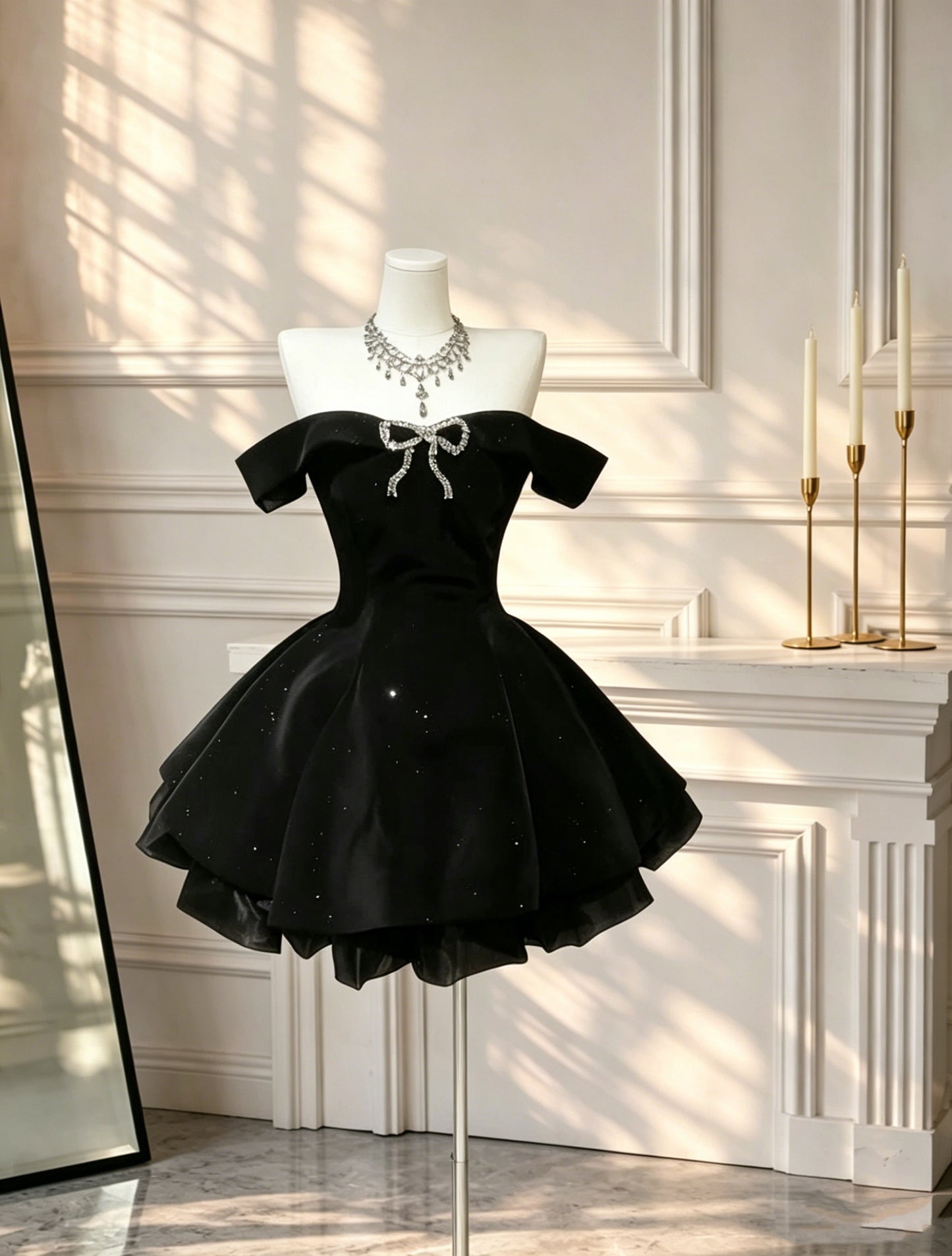 Elegant Black Cocktail Dress Off The Shoulder Satin Sequin A Line Short Graduation Homecoming Dress D2601