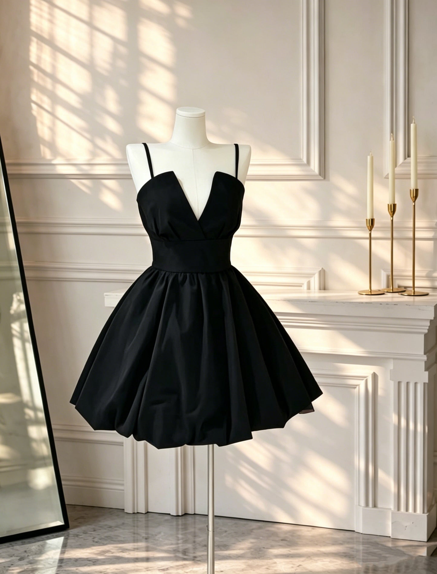 Simple Spaghetti Straps Satin A Line Short 7th Grade Homecoming Dress Black Mini Cocktail Dress D2605