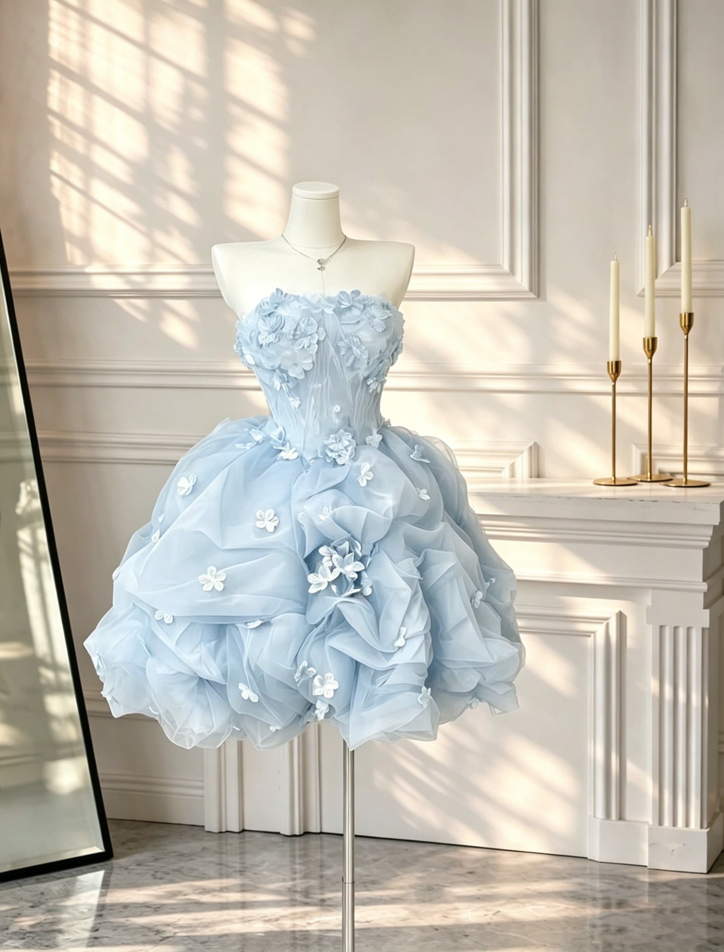 Elegant Strapless Tulle Pleated Appliques Short 17th Birthday Outfits Blue A Line Graduation Homecoming Dress D2612