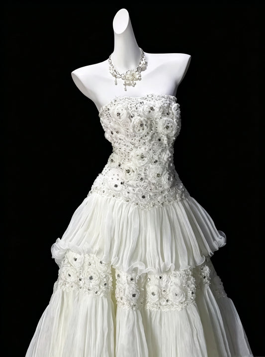 Fairy Strapless White Tulle Appliques Layered Long Wedding Dress Bridal Dress D3618
