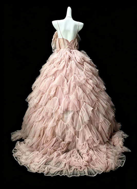 Charming Pink Ball Gown Off The Shoulder Tulle Ruffles Long Evening Dress D3633