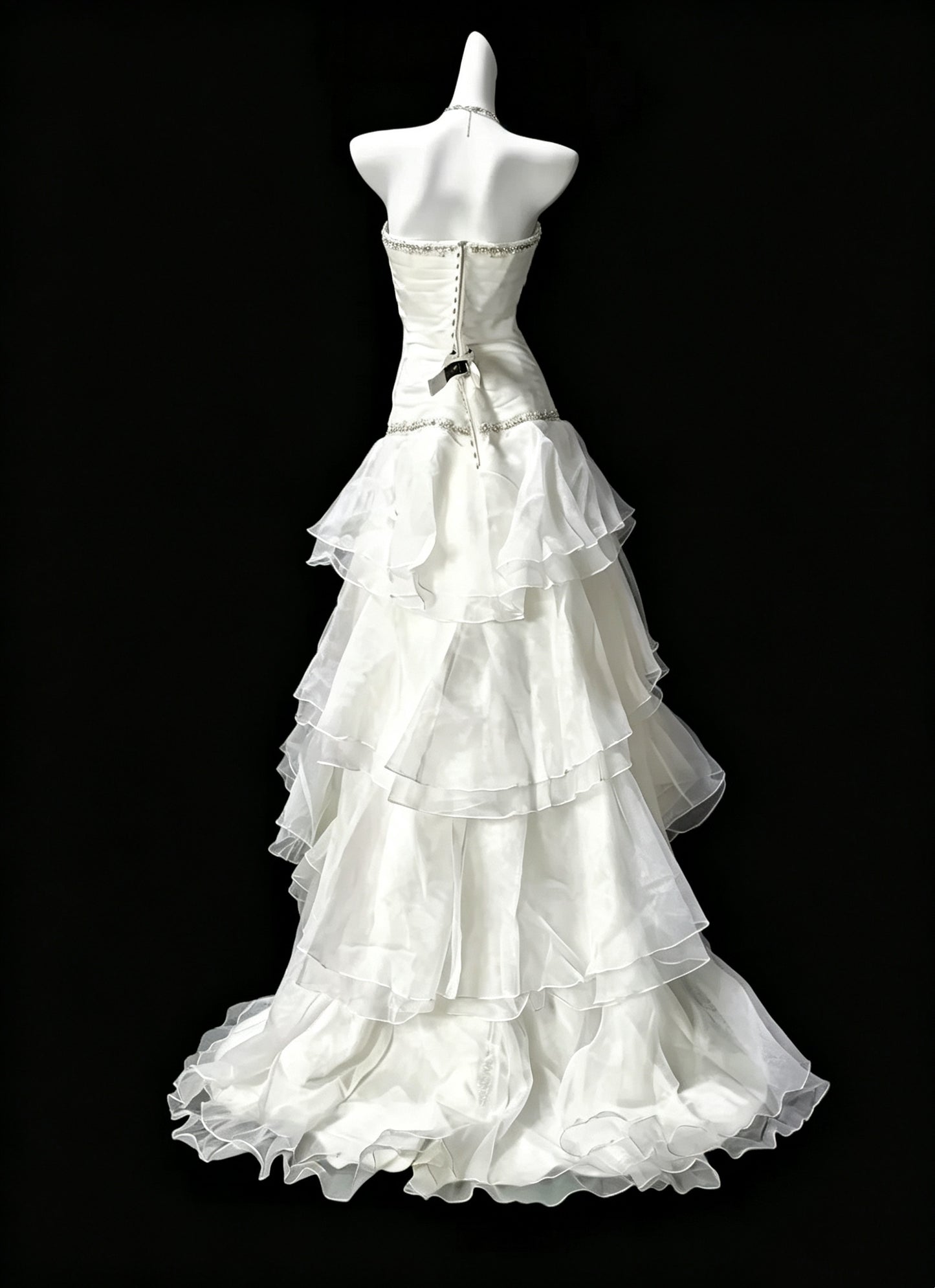 Classy White Strapless Beaded Tulle Ruffles Mermaid Evening Dress Long Wedding Guest Dress D3644