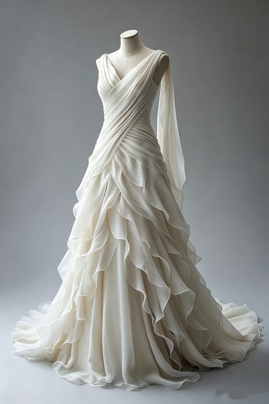 Princess Ball Gown V Neckline Pleats White Chiffon Wedding Dresses SD1741