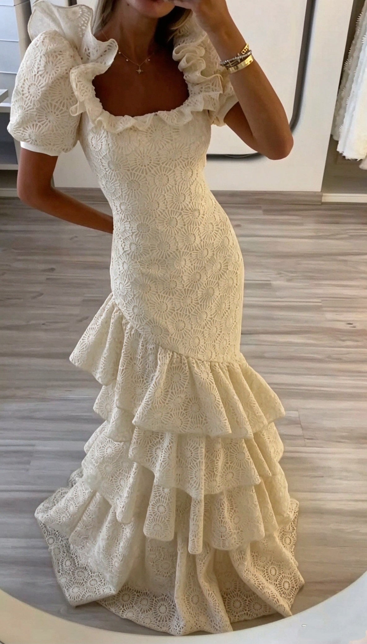 Elegant Off White Lace Ruffle Mermaid Long Party Dress Birthday Prom Dress Gown D4820