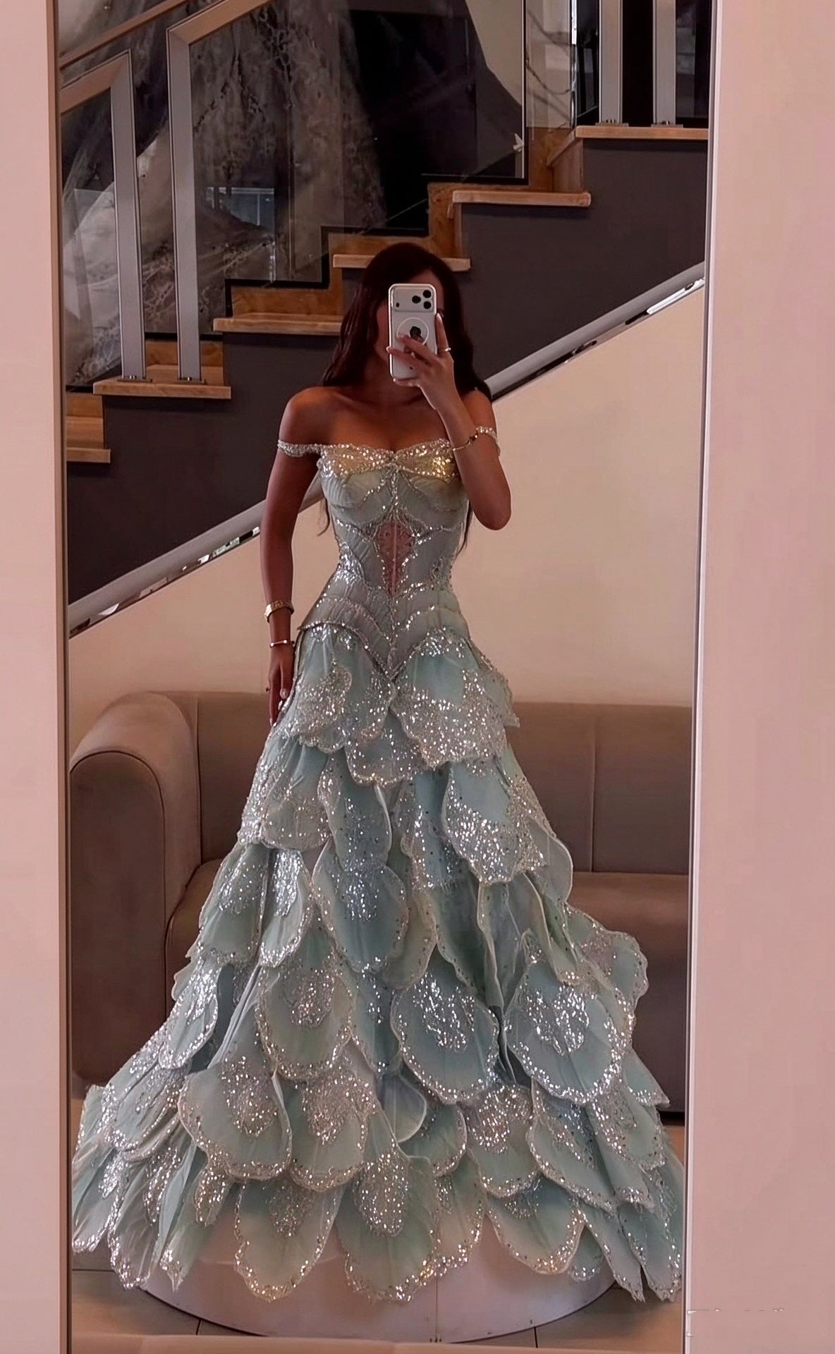 Shiny Off The Shoulder Tulle Petals Sequin Long Evening Dress Blue Birthday Party Dress D4819