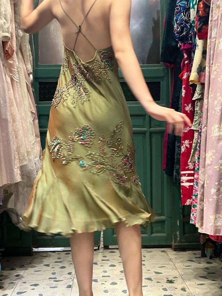 Vintage Spaghetti Straps Olive Green Satin Chiffon Beaded Mermaid Long Party Dress Backless Prom Gown D3479