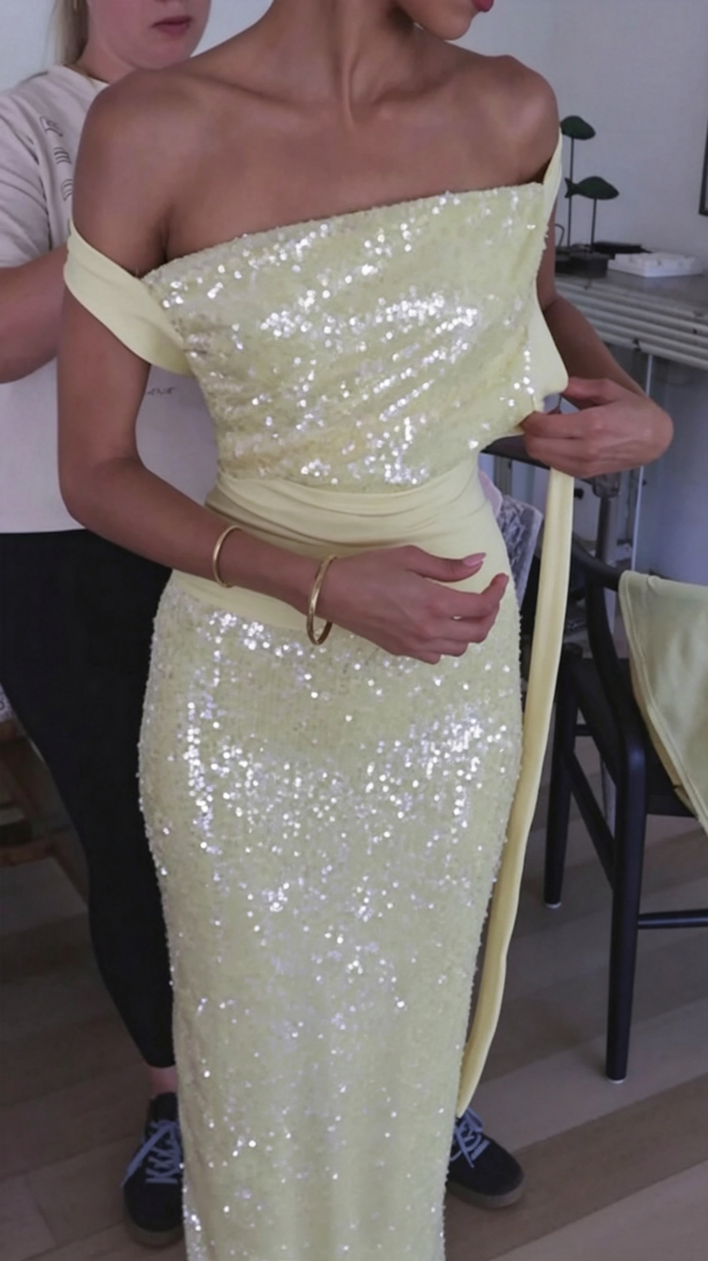 Glitter Yellow Sequin Long Party Dress,Formal Wedding Guest Dress D3973