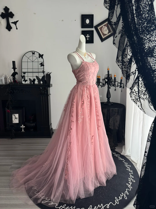 Elegant Spaghetti Straps Tulle Appliques Long Wedding Guest Dress,Pink Evening Dress D3725