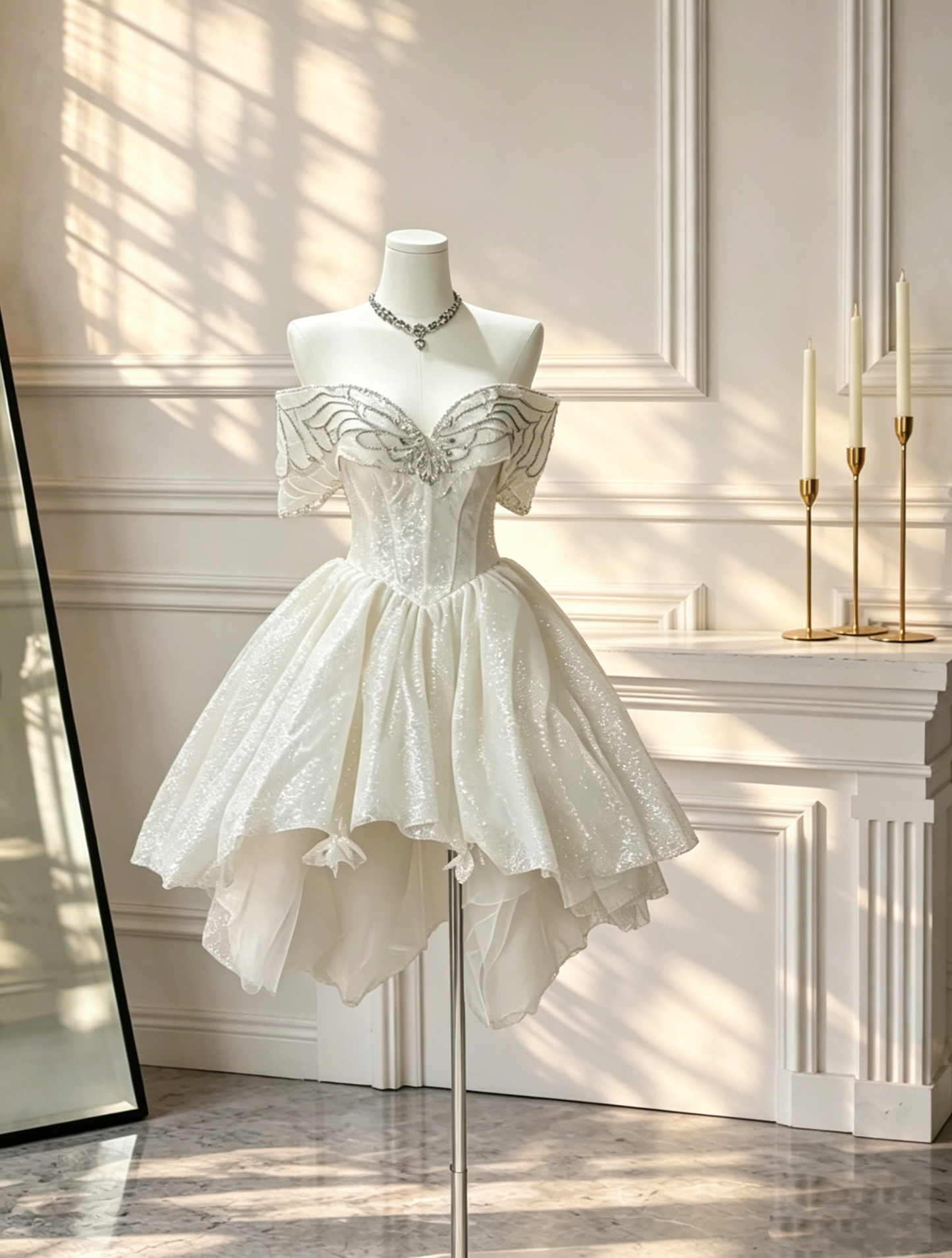 Shiny Off The Shoulder A Line Short Birthday Outfits White Sequin Beaded Mini Homecoming Dress D2649