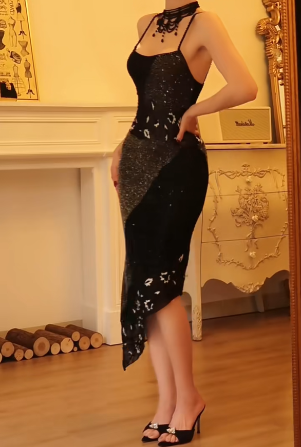 Vintage Black Spaghetti Straps Chiffon Sequin Beaded Sheath Long Party Dress Birthday Dress D2886