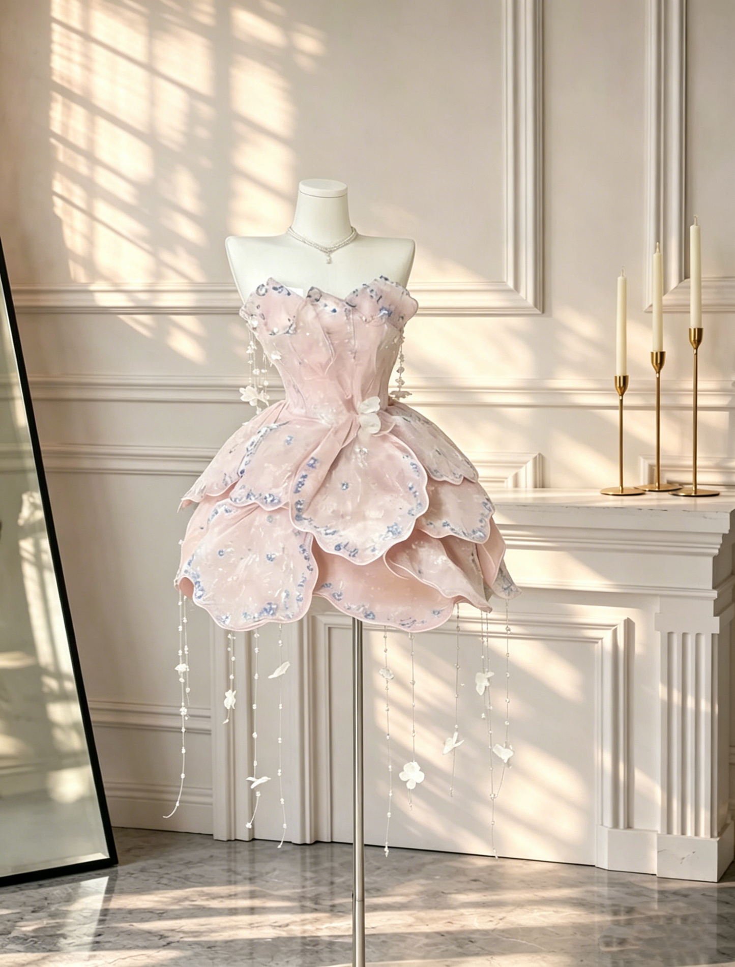 Fairy Strapless Petals Beaded A Line Short Birthday Outfits Pink Graduation Homecoming Dress D2559