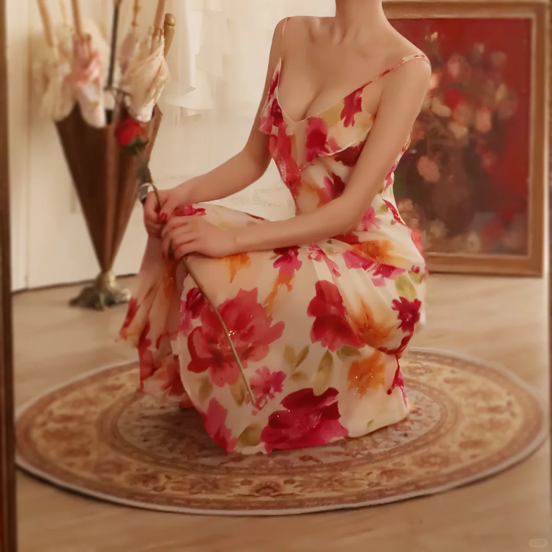 Pretty Spaghetti Straps V Neck Chiffon Print Floral Mermaid Long Evening Dress Birthday Dress D2779
