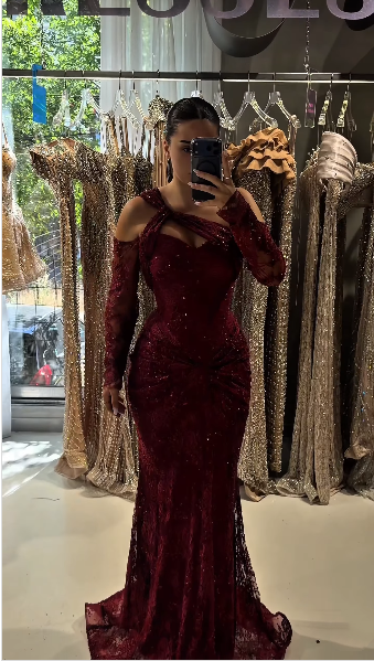 Sexy One Shoulder Burgundy Lace Mermaid Long Party Dress Evening Dress D5247