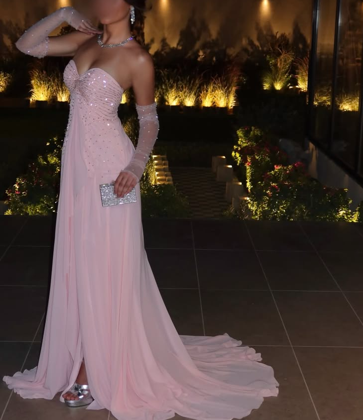 Pretty Sweetheart Neck Chiffon Sequin Beaded Long Evening Dress,Pink Mermaid Party Dress With Gloves D4945