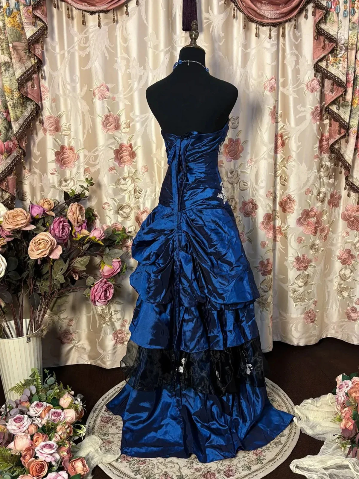 Retro Ball Gown Strapless Satin Navy Blue Long Party Dress Prom Dresses SD1499